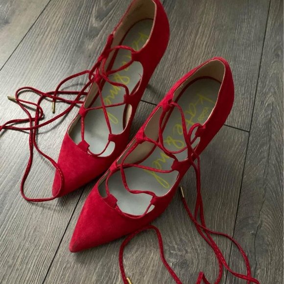 Red Suede Lace-Up Stiletto Pumps - Size 8 - Picture 2 of 4